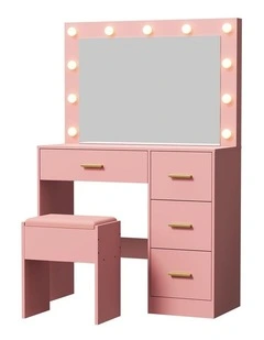 Oikiture Dressing Table Set Stool Storage Makeup LED Lights 4 Drawers Pink