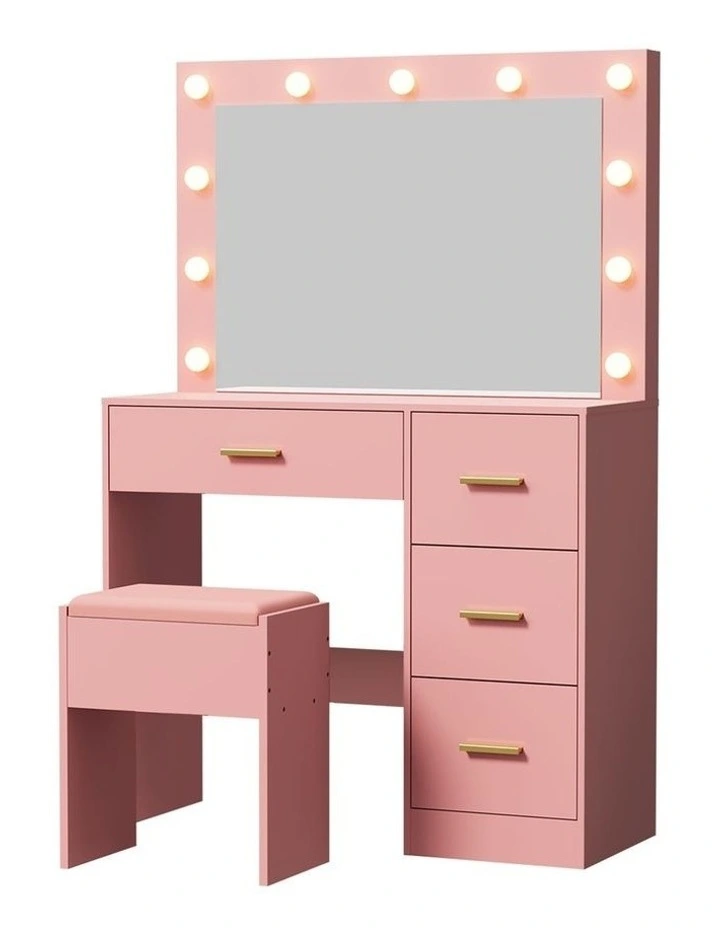 Oikiture Dressing Table Set Stool Storage Makeup LED Lights 4 Drawers Pink image 1
