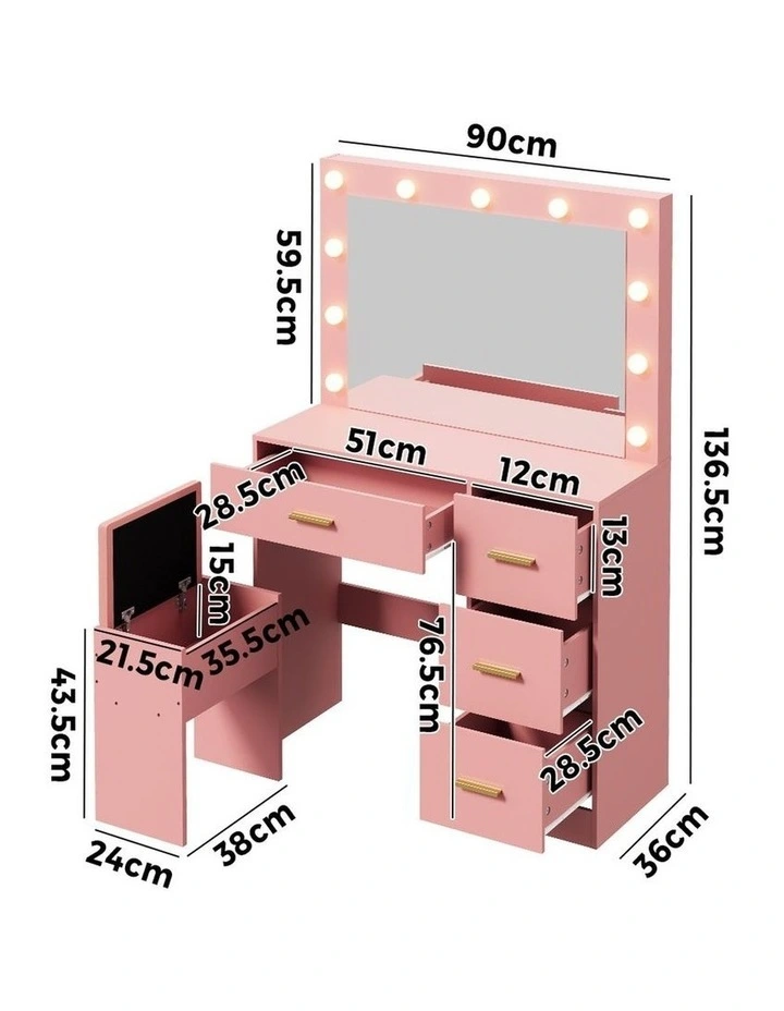 Oikiture Dressing Table Set Stool Storage Makeup LED Lights 4 Drawers Pink image 3