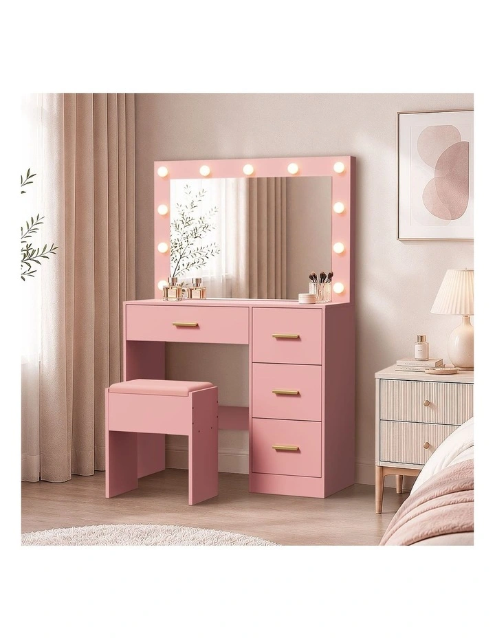 Oikiture Dressing Table Set Stool Storage Makeup LED Lights 4 Drawers Pink image 4
