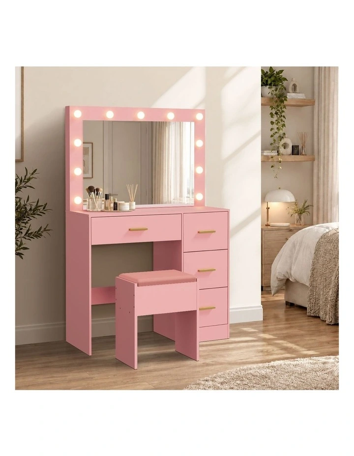 Oikiture Dressing Table Set Stool Storage Makeup LED Lights 4 Drawers Pink image 5