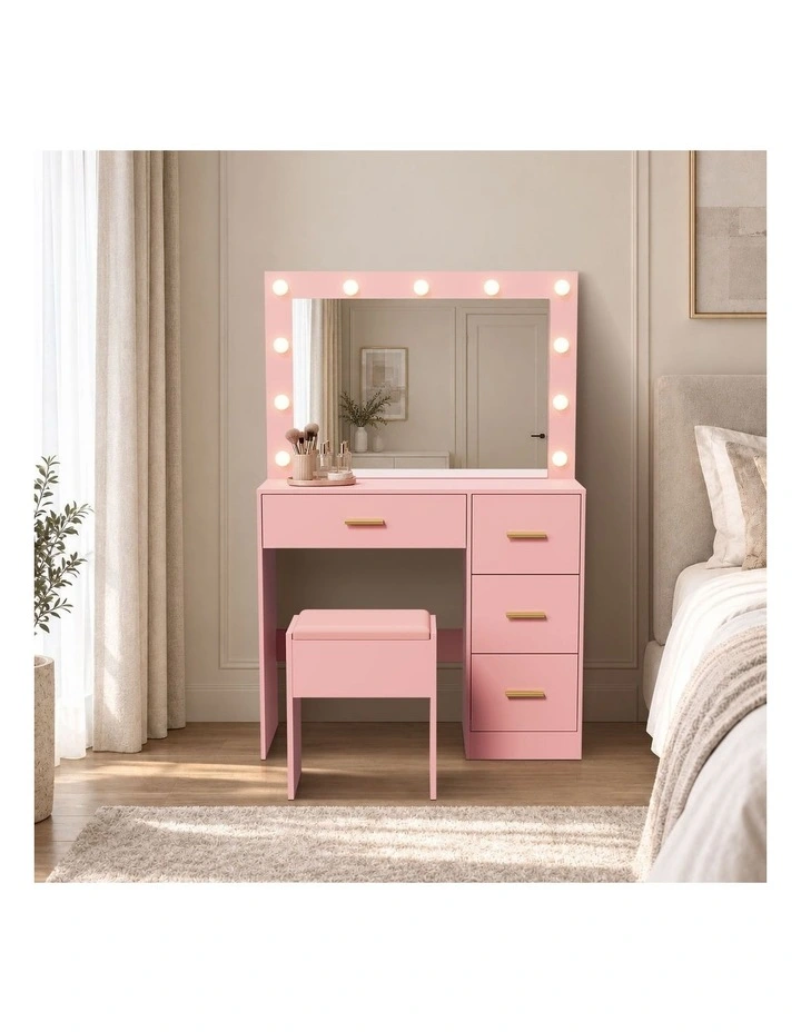Oikiture Dressing Table Set Stool Storage Makeup LED Lights 4 Drawers Pink image 6