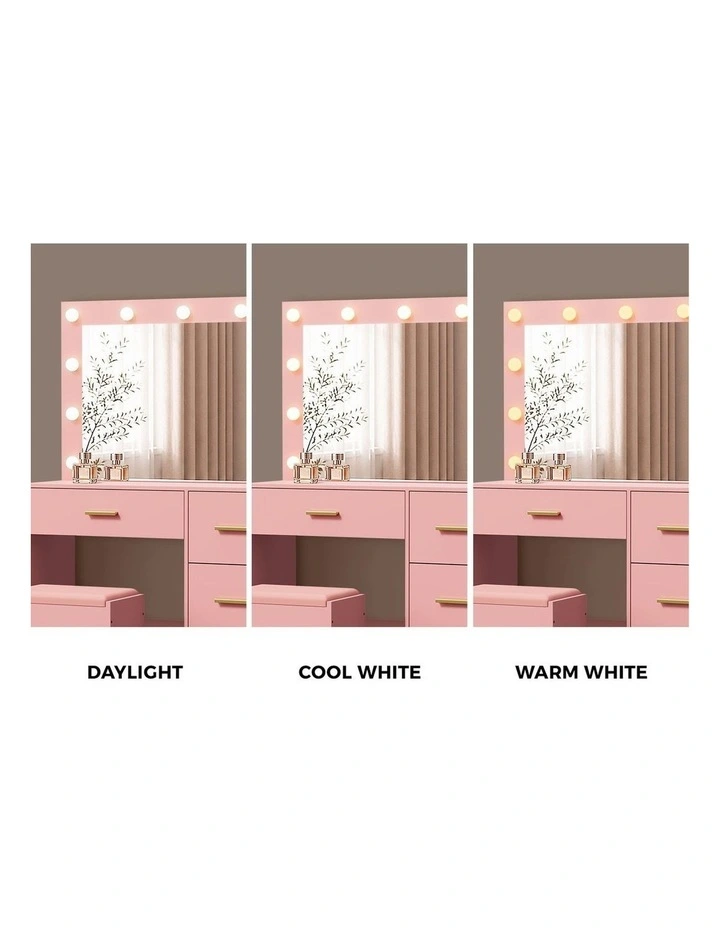 Oikiture Dressing Table Set Stool Storage Makeup LED Lights 4 Drawers Pink image 7