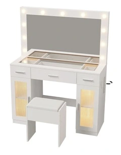 Oikiture Dressing Table Set 11 LED Bulbs Glass Tabletop Shelves with RGB Drawers White