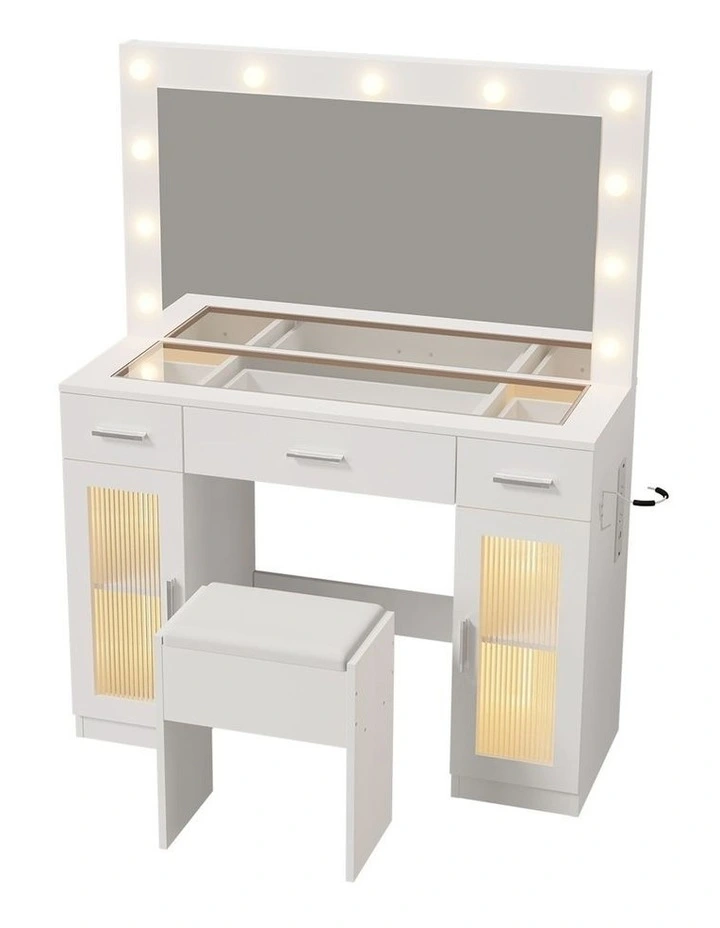 Oikiture Dressing Table Set 11 LED Bulbs Glass Tabletop Shelves with RGB Drawers White image 1