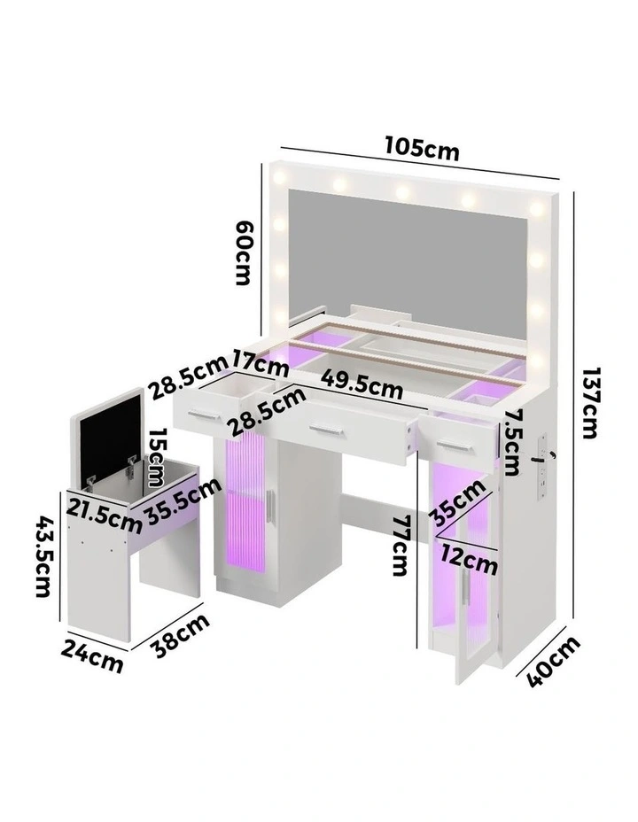Oikiture Dressing Table Set 11 LED Bulbs Glass Tabletop Shelves with RGB Drawers White image 3