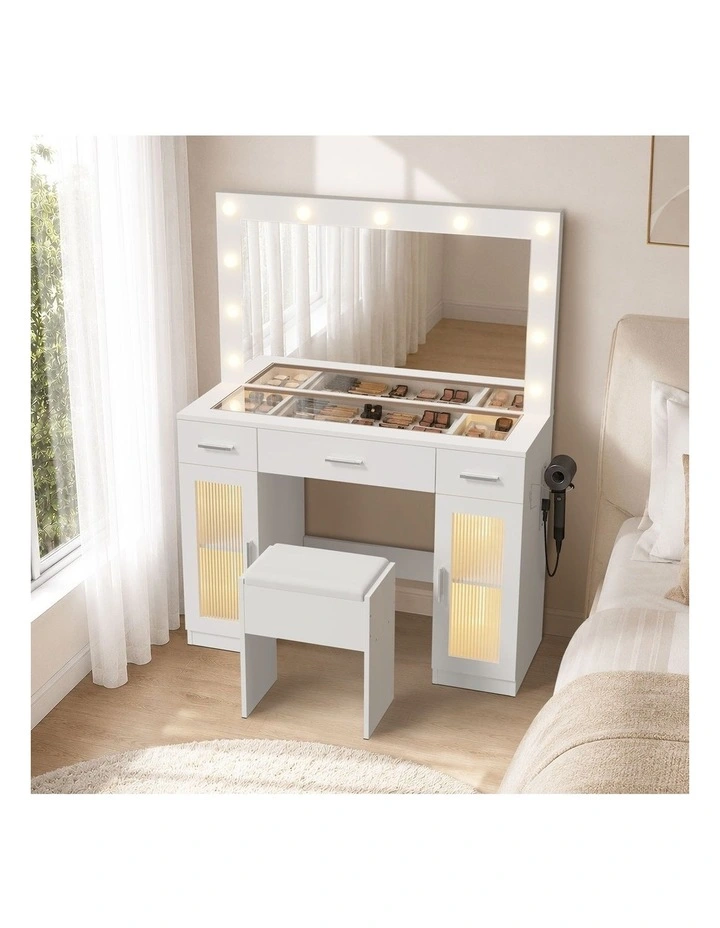 Oikiture Dressing Table Set 11 LED Bulbs Glass Tabletop Shelves with RGB Drawers White image 4