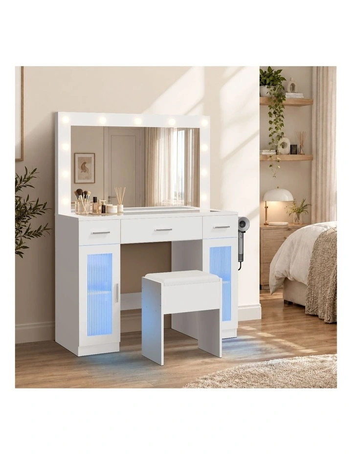 Oikiture Dressing Table Set 11 LED Bulbs Glass Tabletop Shelves with RGB Drawers White image 5