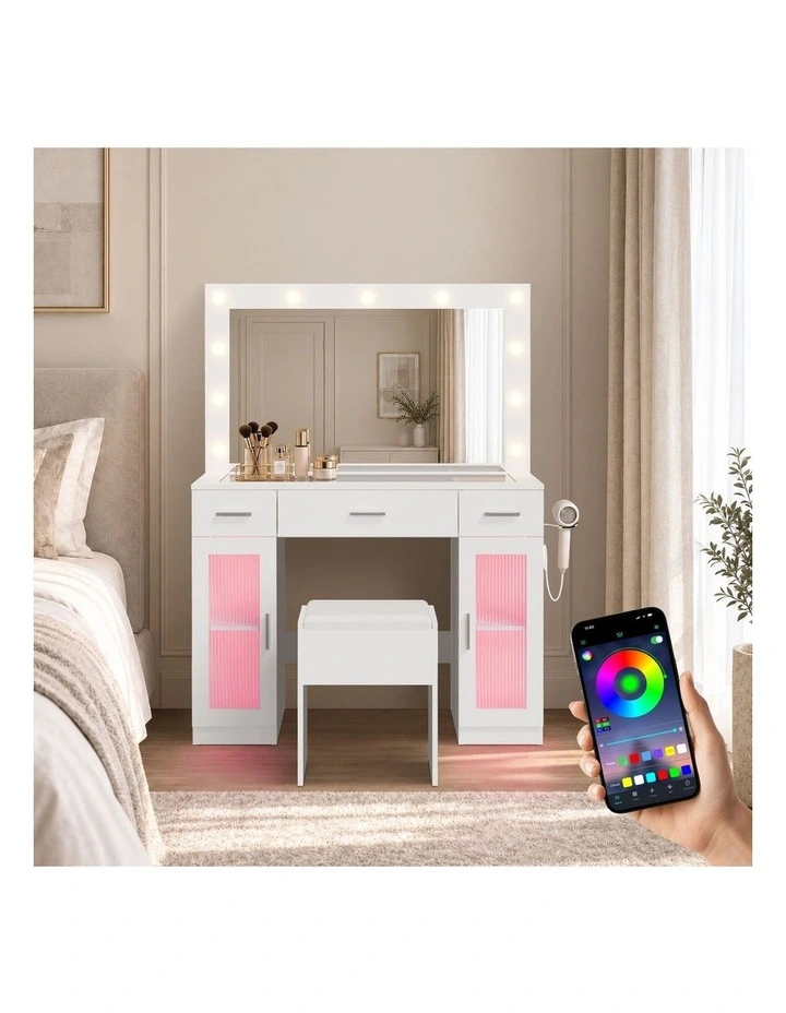 Oikiture Dressing Table Set 11 LED Bulbs Glass Tabletop Shelves with RGB Drawers White image 6