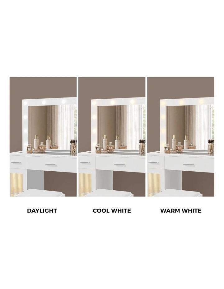 Oikiture Dressing Table Set 11 LED Bulbs Glass Tabletop Shelves with RGB Drawers White image 7
