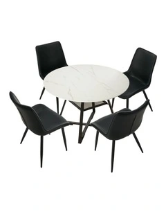 Oikiture 5PCS Dining Table Set Round Marble-Look Table and Chairs PU Leather