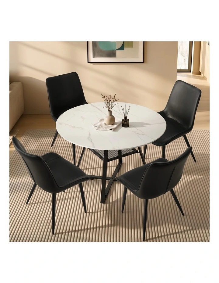 Oikiture 5PCS Dining Table Set Round Marble-Look Table and Chairs PU Leather image 3