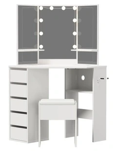 Oikiture Corner Dressing Table Set Tri-fold Mirror LED Drawers Storage White