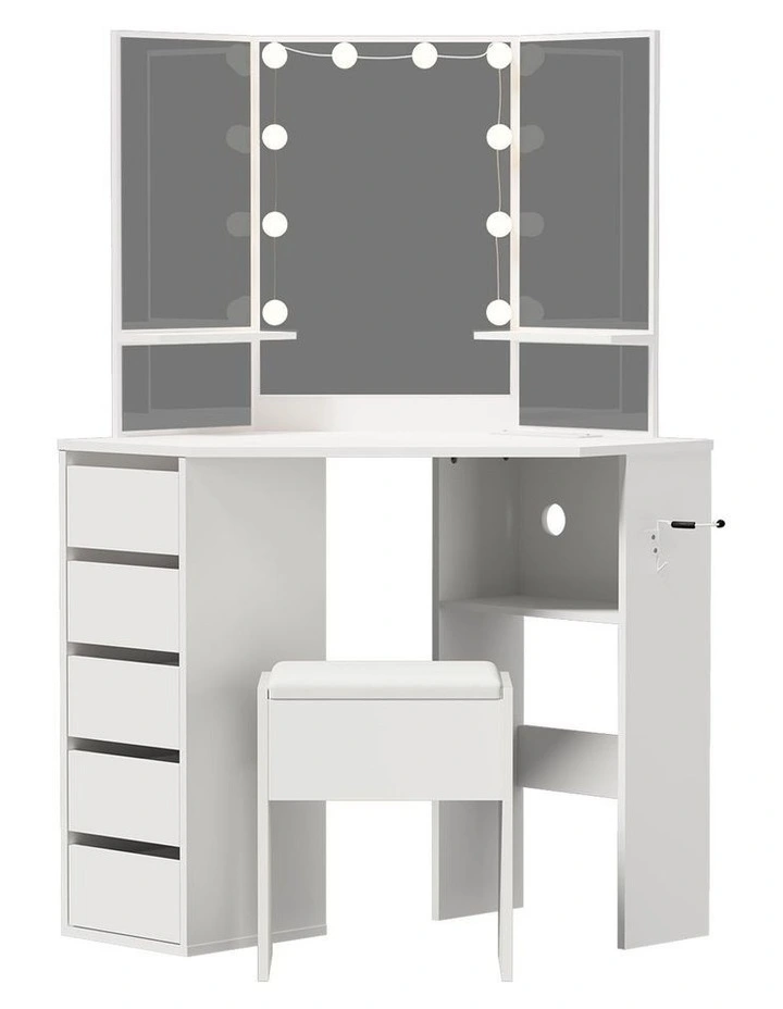 Oikiture Corner Dressing Table Set Tri-fold Mirror LED Drawers Storage White image 1