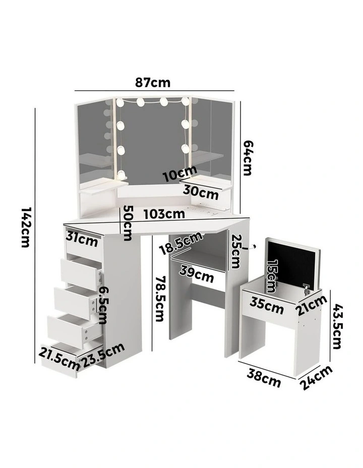 Oikiture Corner Dressing Table Set Tri-fold Mirror LED Drawers Storage White image 3