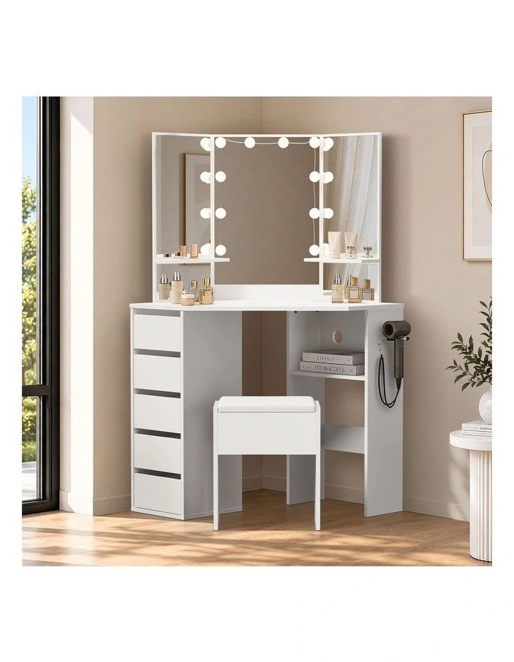 Oikiture Corner Dressing Table Set Tri-fold Mirror LED Drawers Storage White image 4