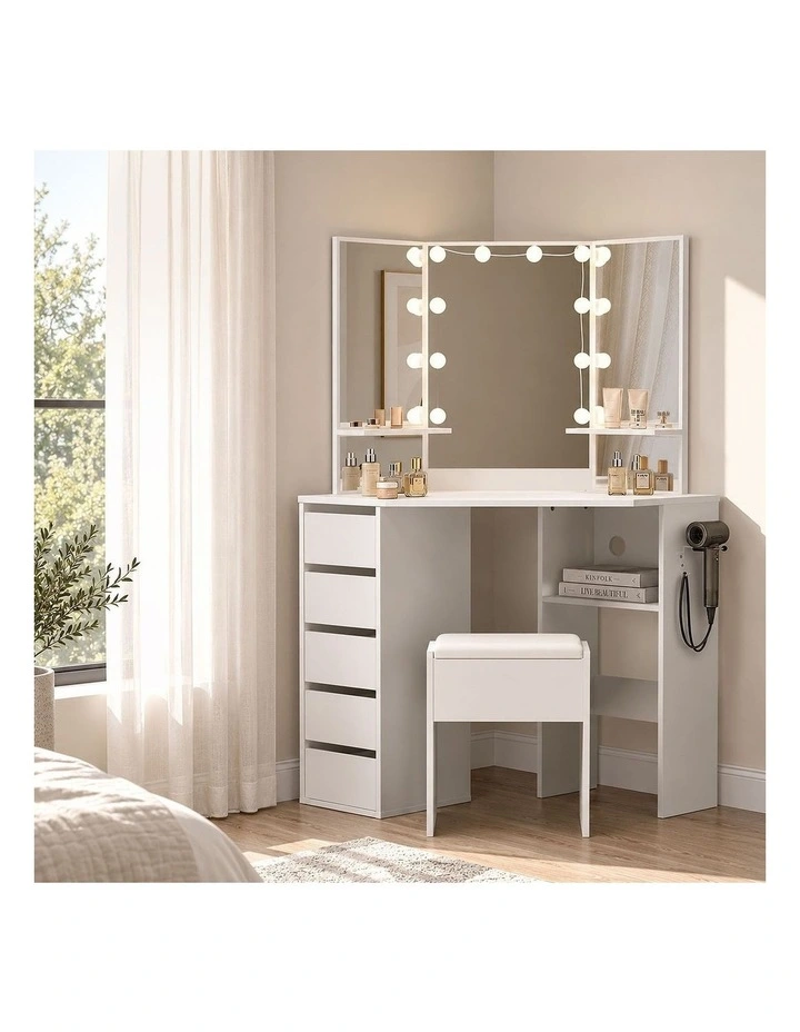 Oikiture Corner Dressing Table Set Tri-fold Mirror LED Drawers Storage White image 5