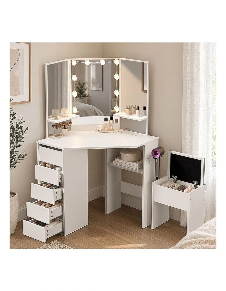 Oikiture Corner Dressing Table Set Tri-fold Mirror LED Drawers Storage White image 6