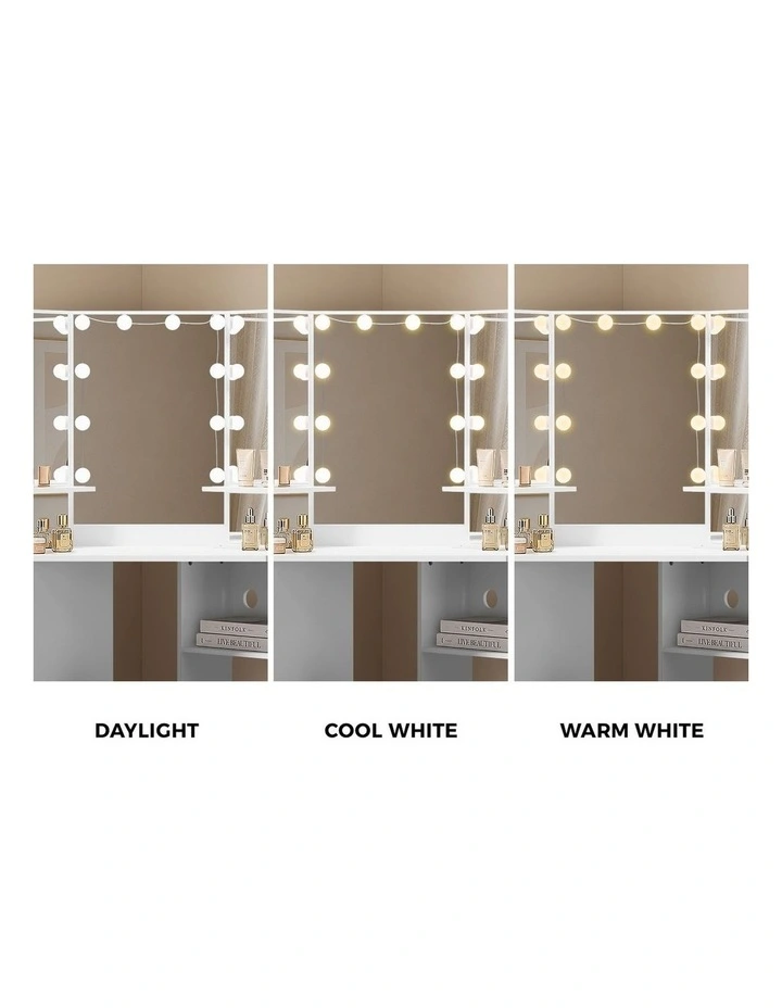 Oikiture Corner Dressing Table Set Tri-fold Mirror LED Drawers Storage White image 7