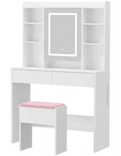 Oikiture Dressing Table Set LED Mirror Hidden Shelves Charging Station White