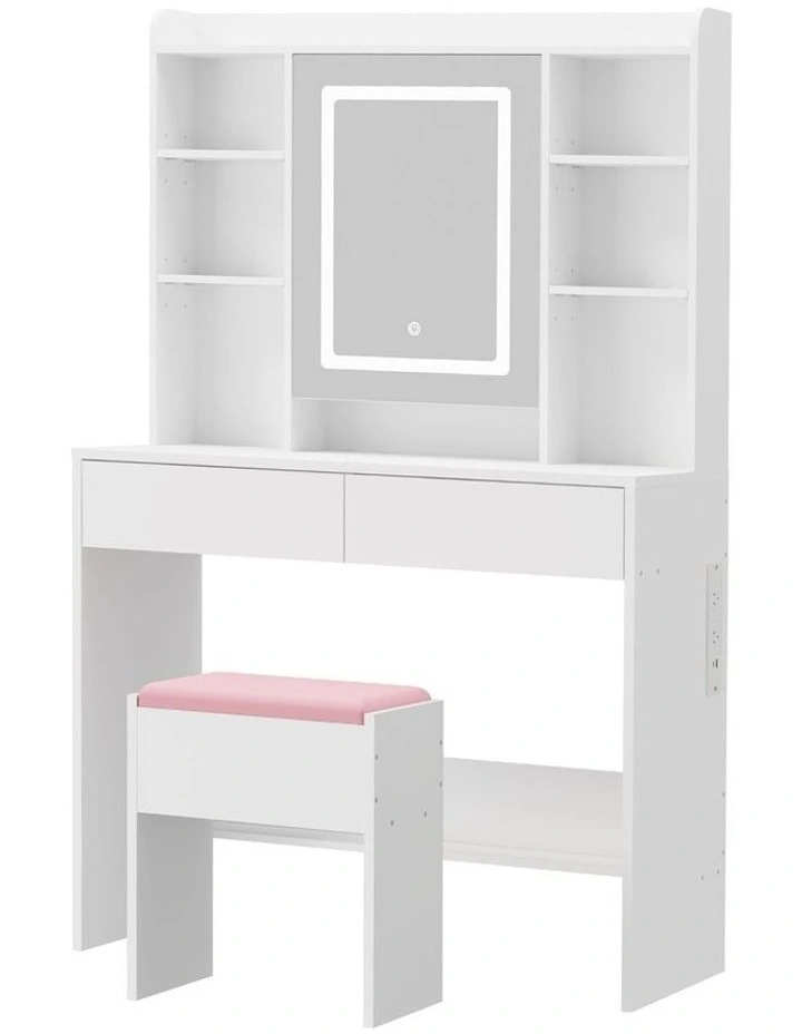 Oikiture Dressing Table Set LED Mirror Hidden Shelves Charging Station White image 1