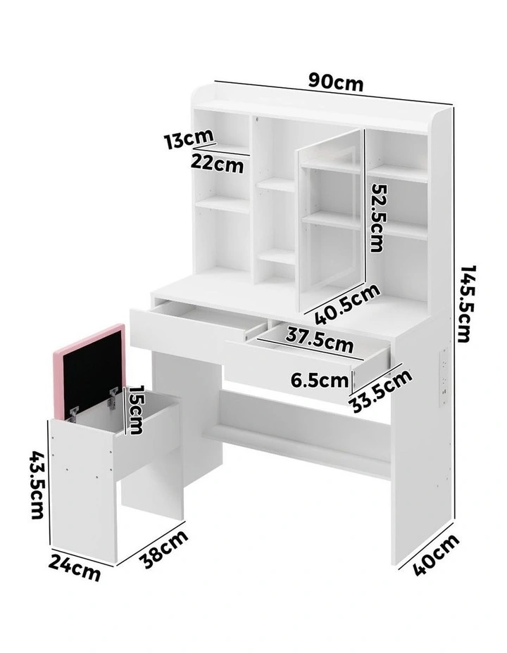 Oikiture Dressing Table Set LED Mirror Hidden Shelves Charging Station White image 3