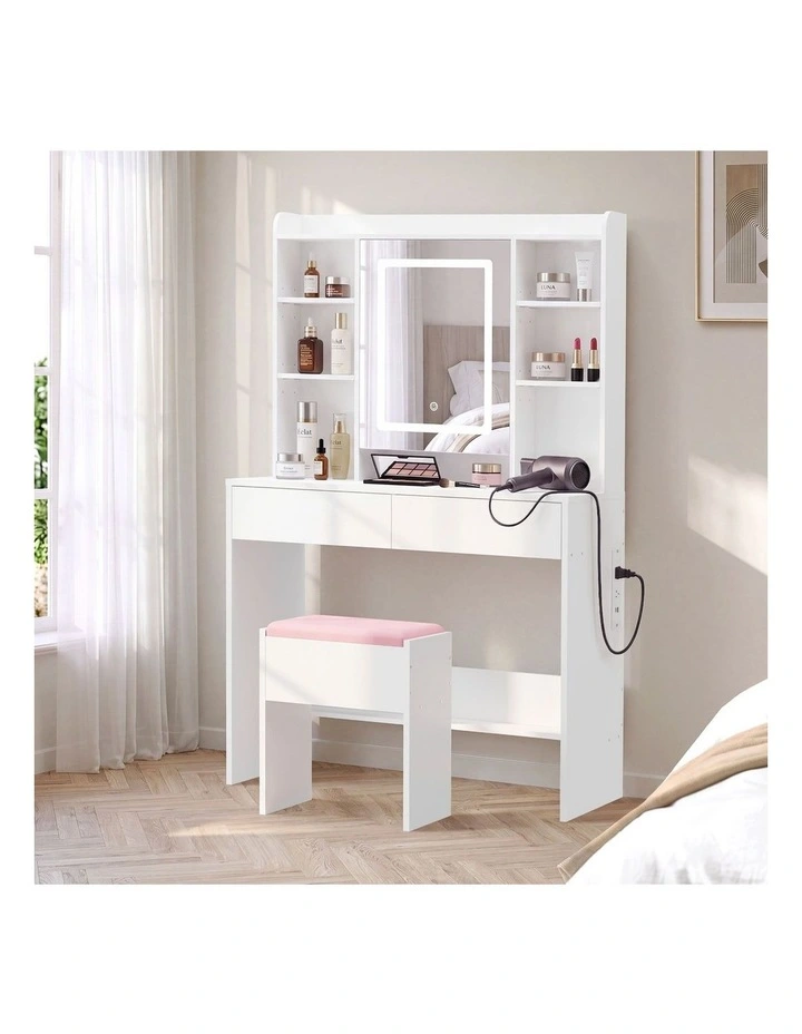 Oikiture Dressing Table Set LED Mirror Hidden Shelves Charging Station White image 4