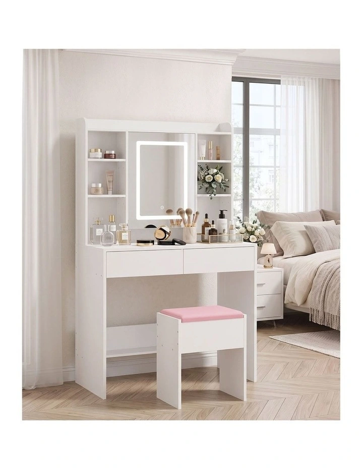 Oikiture Dressing Table Set LED Mirror Hidden Shelves Charging Station White image 5