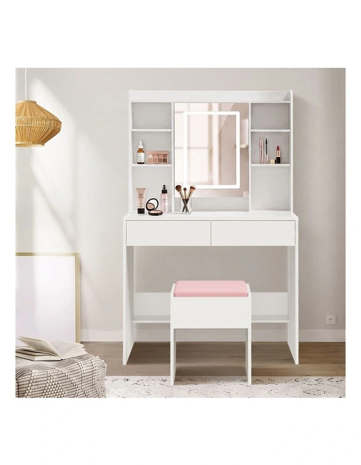 Oikiture Dressing Table Set LED Mirror Hidden Shelves Charging Station White image 6