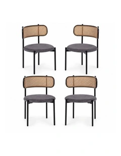Set of 4 Dining Chairs, 4PCS Cane-Style Rattan Backrest, Velvet Upholstered Seat, Grey