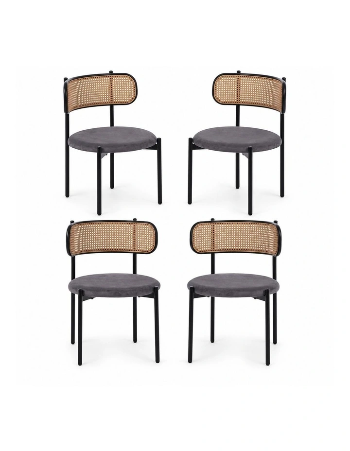 Set of 4 Dining Chairs, 4PCS Cane-Style Rattan Backrest, Velvet Upholstered Seat, Grey image 1
