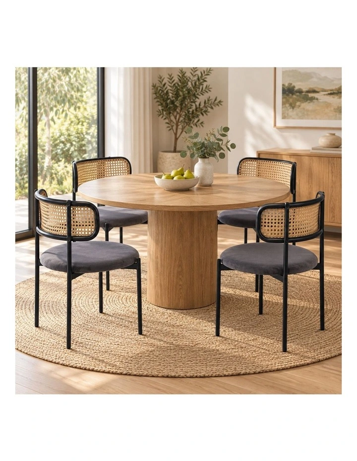 Set of 4 Dining Chairs, 4PCS Cane-Style Rattan Backrest, Velvet Upholstered Seat, Grey image 2