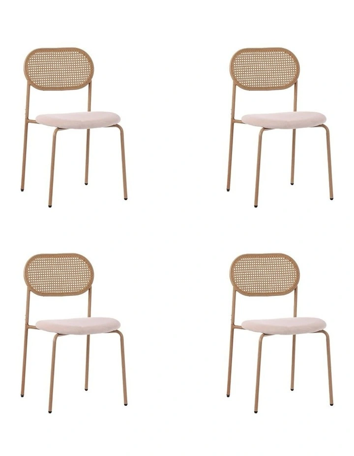 Set of 4 Dining Chairs, 4pcs Metal Frame Chairs with Rattan Backrest and Upholstered Seats, Beige image 1