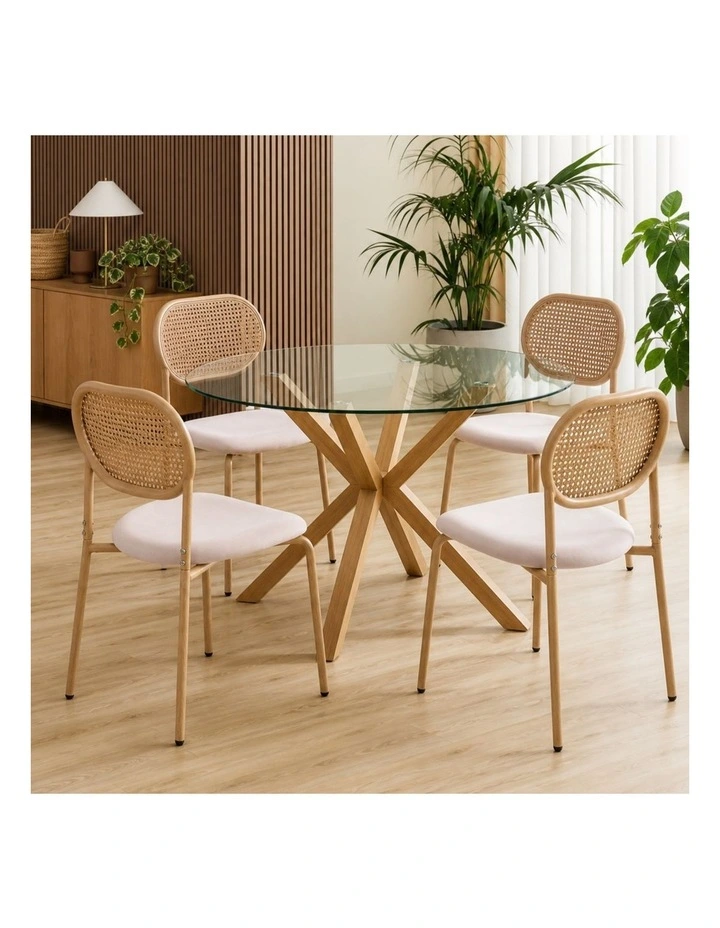 Set of 4 Dining Chairs, 4pcs Metal Frame Chairs with Rattan Backrest and Upholstered Seats, Beige image 2