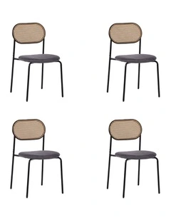 Set of 4 Dining Chairs, 4pcs Metal Frame Chairs with Rattan Backrest and Upholstered Seats, Grey