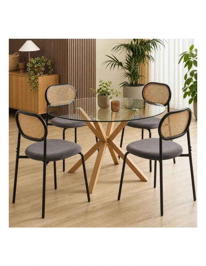Set of 4 Dining Chairs, 4pcs Metal Frame Chairs with Rattan Backrest and Upholstered Seats, Grey image 2