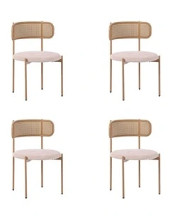 Set of 4 Dining Chairs, 4PCS Cane-Style Rattan Backrest, Velvet Upholstered Seat, Beige