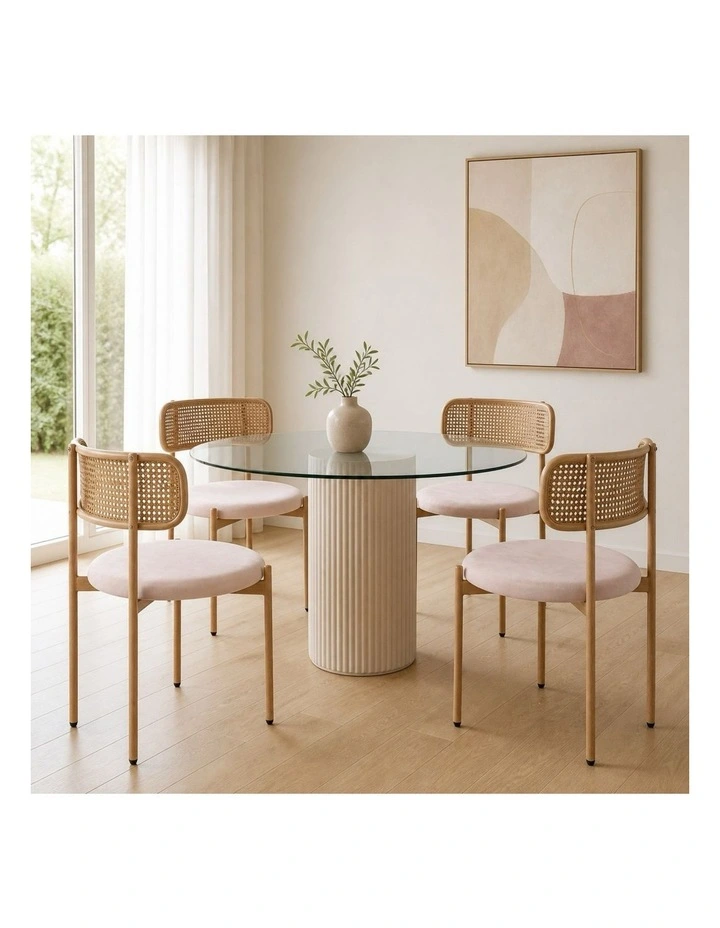 Set of 4 Dining Chairs, 4PCS Cane-Style Rattan Backrest, Velvet Upholstered Seat, Beige image 2