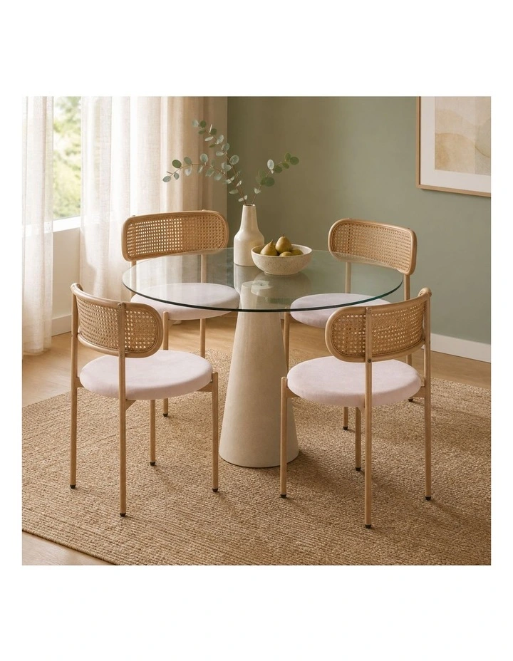Set of 4 Dining Chairs, 4PCS Cane-Style Rattan Backrest, Velvet Upholstered Seat, Beige image 3