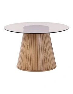 Glass Round Coffee Table, 80 x H50 cm, 8 mm Tempered Glass Top, Wood-Grain Pedestal Base, Oak