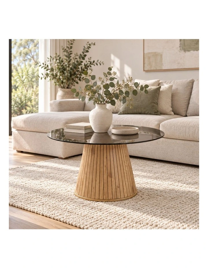 Glass Round Coffee Table, 80 x H50 cm, 8 mm Tempered Glass Top, Wood-Grain Pedestal Base, Oak image 2