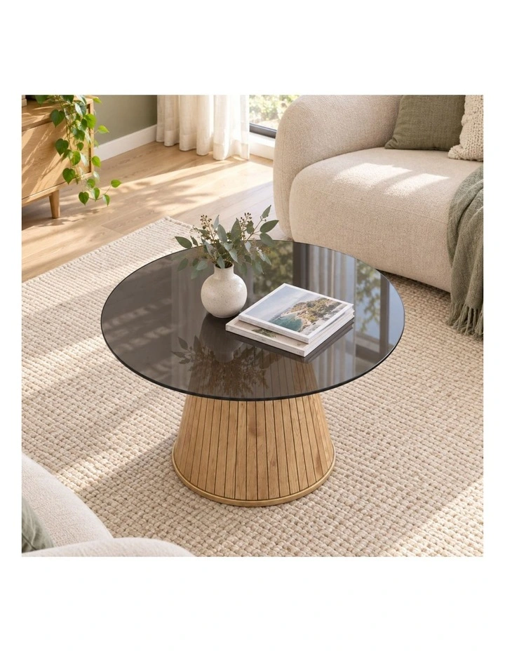Glass Round Coffee Table, 80 x H50 cm, 8 mm Tempered Glass Top, Wood-Grain Pedestal Base, Oak image 3