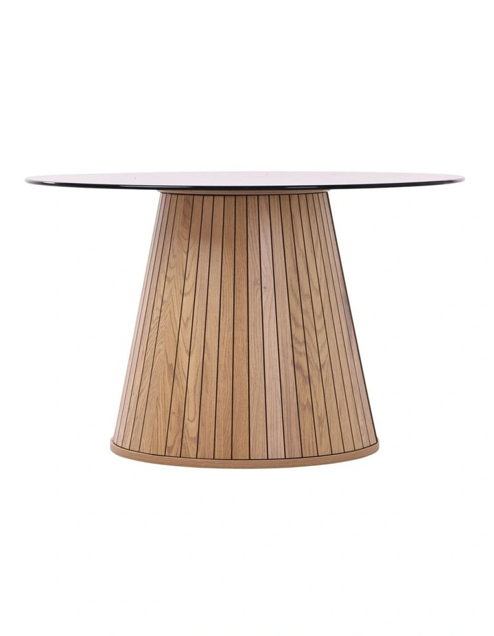 Glass Round Coffee Table, 80 x H50 cm, 8 mm Tempered Glass Top, Wood-Grain Pedestal Base, Oak image 4