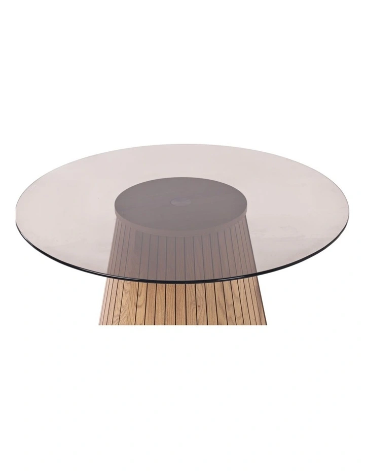 Glass Round Coffee Table, 80 x H50 cm, 8 mm Tempered Glass Top, Wood-Grain Pedestal Base, Oak image 5