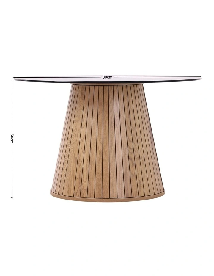 Glass Round Coffee Table, 80 x H50 cm, 8 mm Tempered Glass Top, Wood-Grain Pedestal Base, Oak image 6