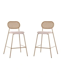 Set of 2 Tall Bar Stools, 72.5 cm Seat Height, Cane Rattan Backrest, Velvet Upholstered Seat, Beige