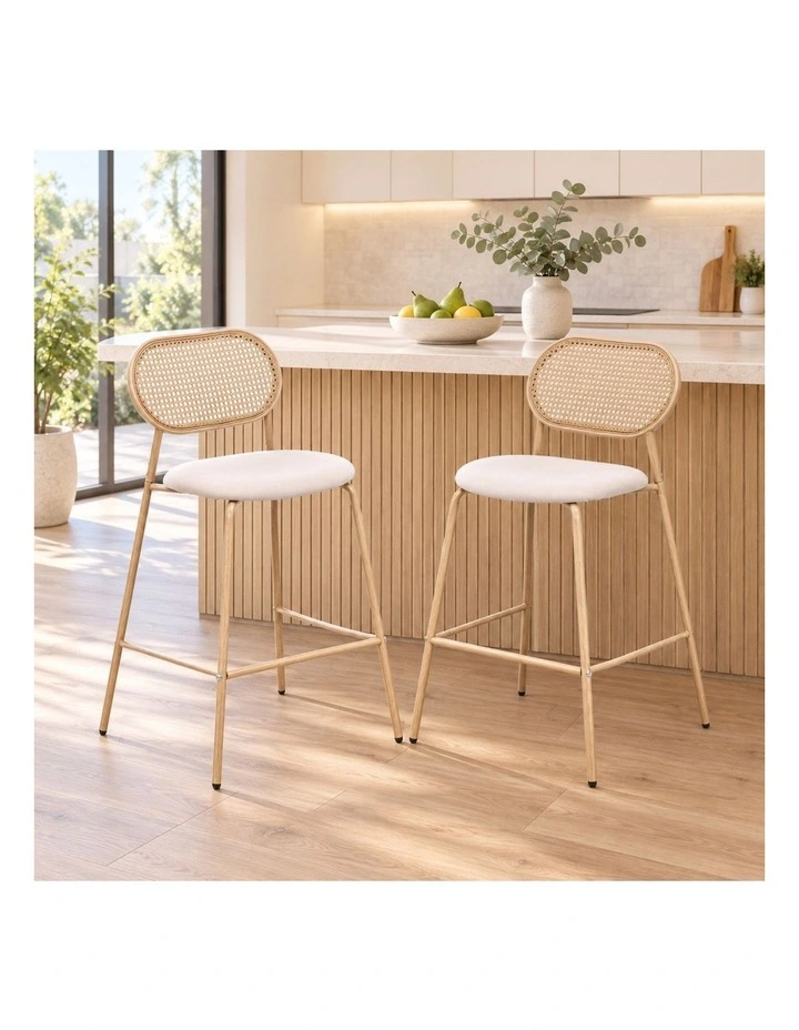 Set of 2 Tall Bar Stools, 72.5 cm Seat Height, Cane Rattan Backrest, Velvet Upholstered Seat, Beige image 2