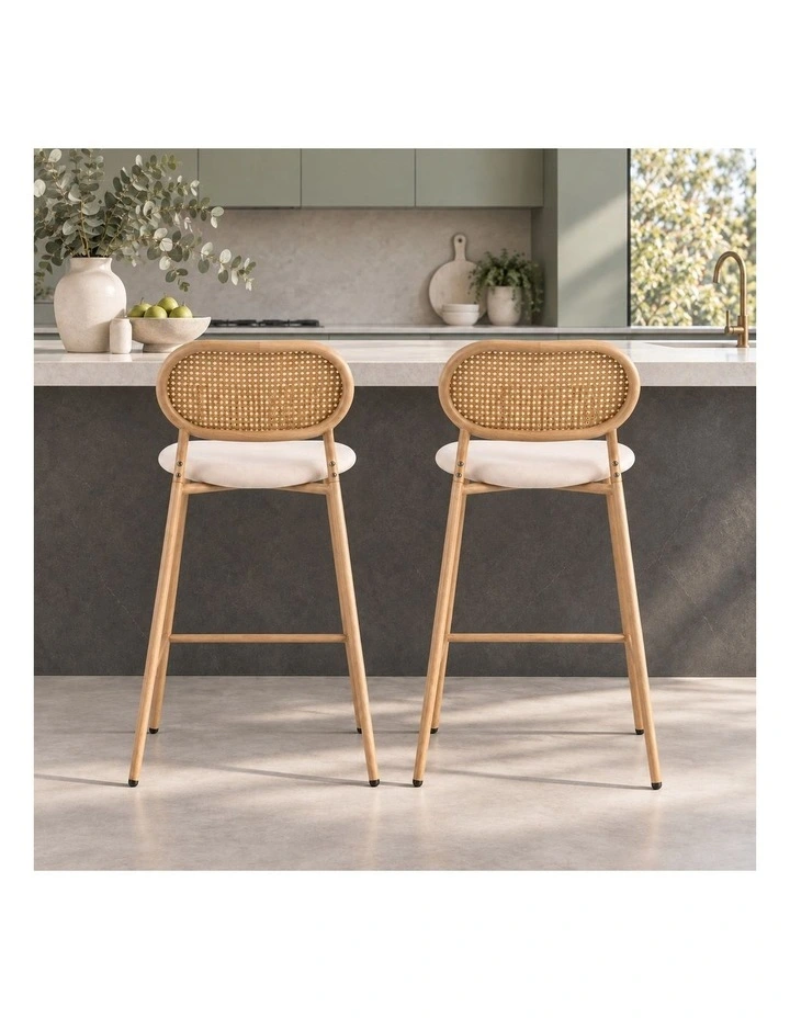 Set of 2 Tall Bar Stools, 72.5 cm Seat Height, Cane Rattan Backrest, Velvet Upholstered Seat, Beige image 3