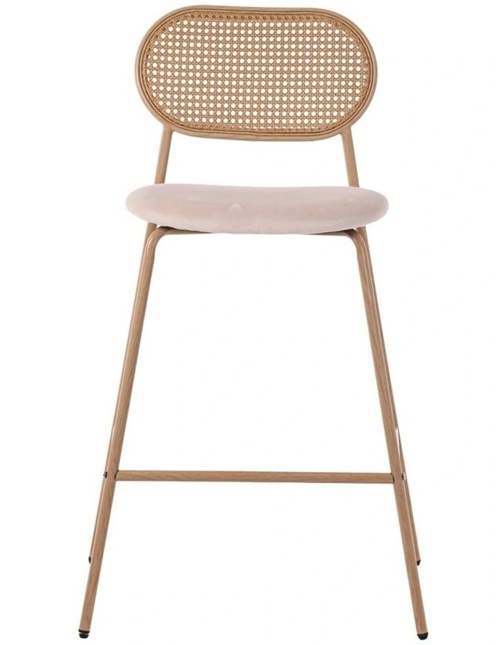 Set of 2 Tall Bar Stools, 72.5 cm Seat Height, Cane Rattan Backrest, Velvet Upholstered Seat, Beige image 4