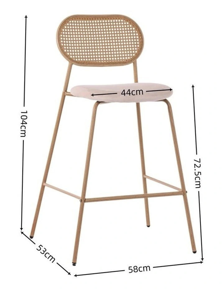 Set of 2 Tall Bar Stools, 72.5 cm Seat Height, Cane Rattan Backrest, Velvet Upholstered Seat, Beige image 5